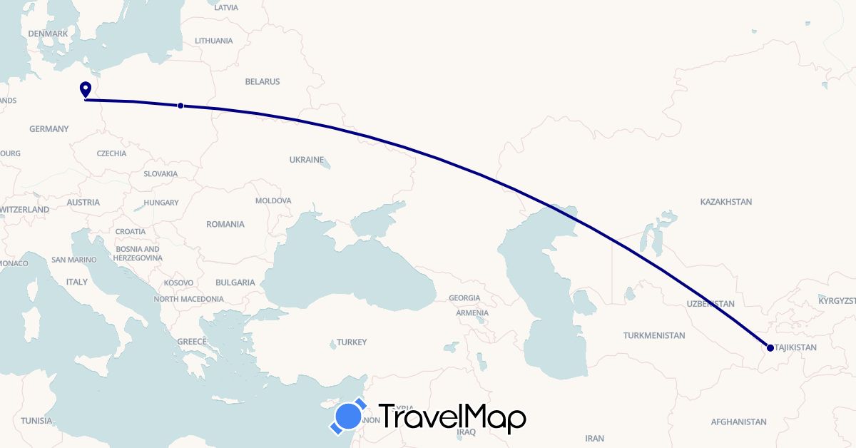 TravelMap itinerary: driving in Germany, Poland, Tajikistan (Asia, Europe)